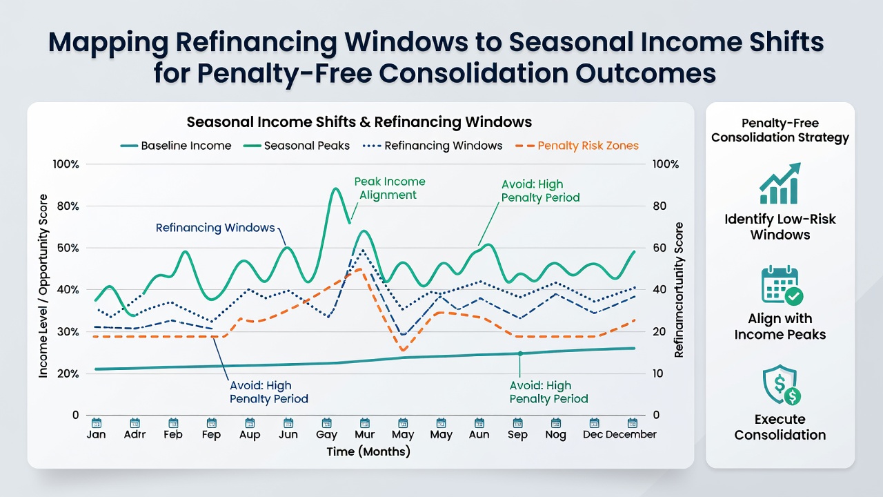 Illustration of income cycle graphs overlaid with loan refinancing milestones